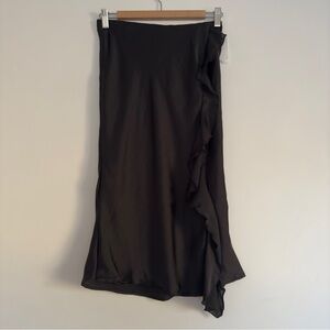 FORGOTTEN GRACE
Satin Ruffle Bias Midi Skirt In black size: XS